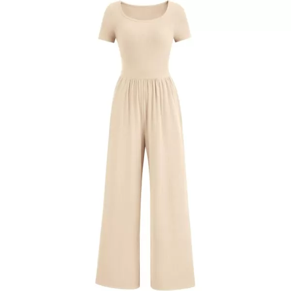 imagePRETTYGARDEN Womens Summer One Piece Jumpsuits Dressy Casual Short Sleeve Square Neck Wide Leg Jumpsuit RompersBeige