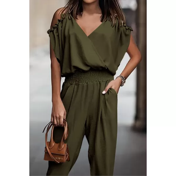 imagePRETTYGARDEN Jumpsuit for Women Casual Wrap V Neck Cold Shoulder One Piece Outfits Pants RomperArmy Green