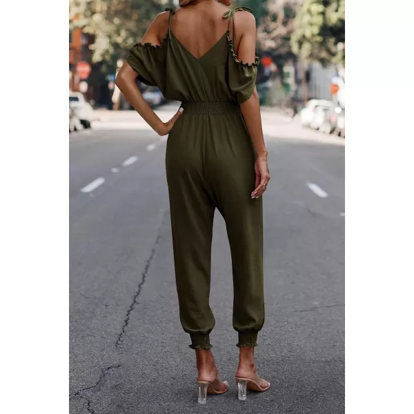 imagePRETTYGARDEN Jumpsuit for Women Casual Wrap V Neck Cold Shoulder One Piece Outfits Pants RomperArmy Green