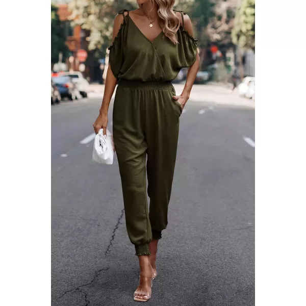 imagePRETTYGARDEN Jumpsuit for Women Casual Wrap V Neck Cold Shoulder One Piece Outfits Pants RomperArmy Green