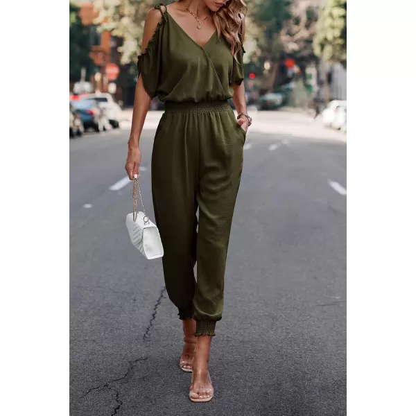 imagePRETTYGARDEN Jumpsuit for Women Casual Wrap V Neck Cold Shoulder One Piece Outfits Pants RomperArmy Green