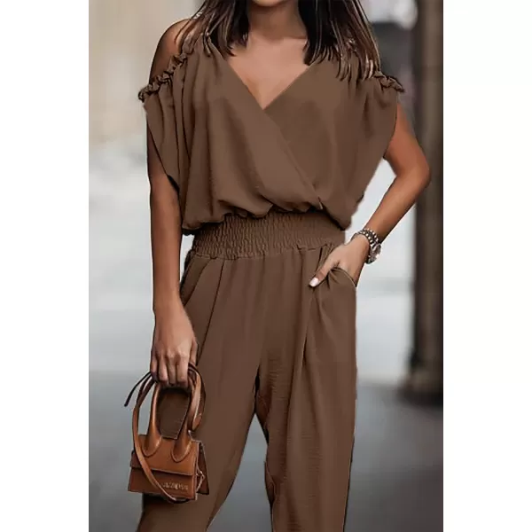 imagePRETTYGARDEN Jumpsuit for Women Casual Wrap V Neck Cold Shoulder One Piece Outfits Pants RomperBrown