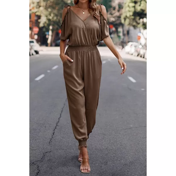 imagePRETTYGARDEN Jumpsuit for Women Casual Wrap V Neck Cold Shoulder One Piece Outfits Pants RomperBrown