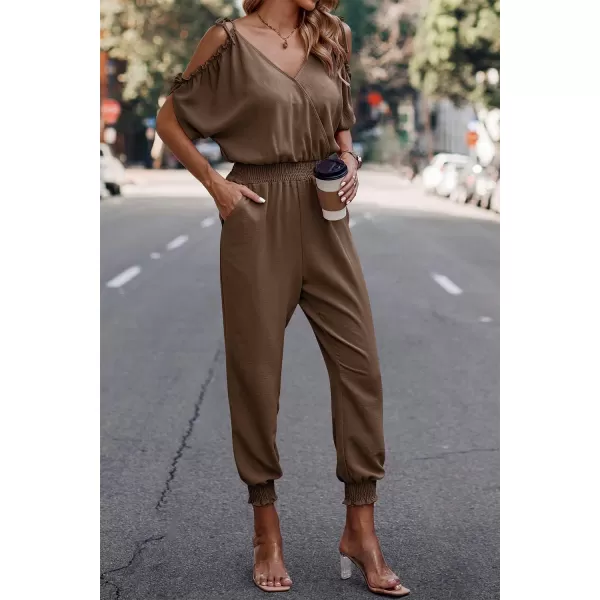 imagePRETTYGARDEN Jumpsuit for Women Casual Wrap V Neck Cold Shoulder One Piece Outfits Pants RomperBrown