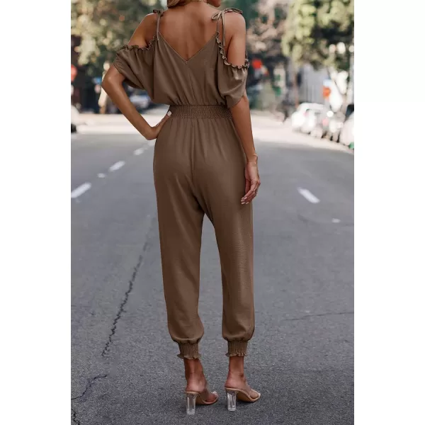 imagePRETTYGARDEN Jumpsuit for Women Casual Wrap V Neck Cold Shoulder One Piece Outfits Pants RomperBrown