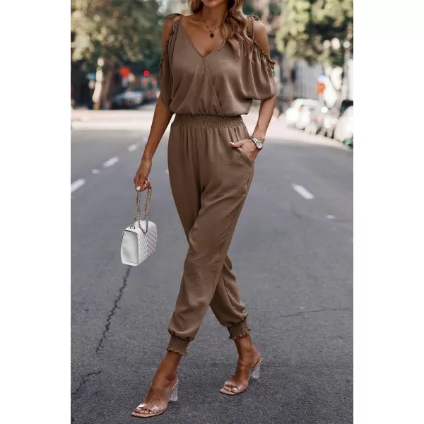 imagePRETTYGARDEN Jumpsuit for Women Casual Wrap V Neck Cold Shoulder One Piece Outfits Pants RomperBrown