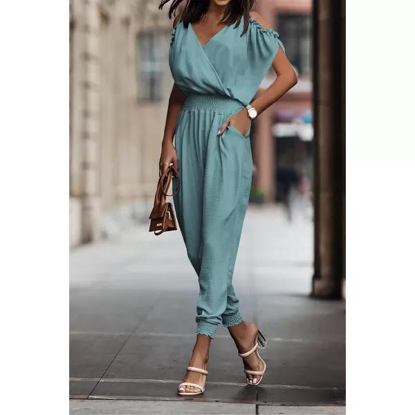 imagePRETTYGARDEN Jumpsuit for Women Casual Wrap V Neck Cold Shoulder One Piece Outfits Pants RomperFruit Green