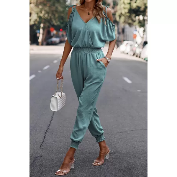imagePRETTYGARDEN Jumpsuit for Women Casual Wrap V Neck Cold Shoulder One Piece Outfits Pants RomperFruit Green