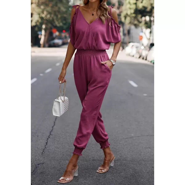 imagePRETTYGARDEN Jumpsuit for Women Casual Wrap V Neck Cold Shoulder One Piece Outfits Pants RomperPink Purple