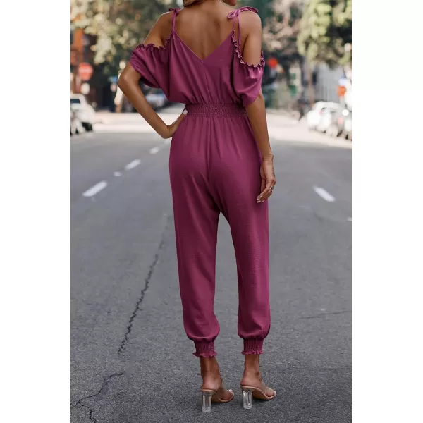 imagePRETTYGARDEN Jumpsuit for Women Casual Wrap V Neck Cold Shoulder One Piece Outfits Pants RomperPink Purple