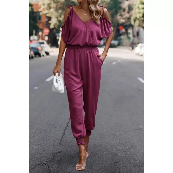 imagePRETTYGARDEN Jumpsuit for Women Casual Wrap V Neck Cold Shoulder One Piece Outfits Pants RomperPink Purple