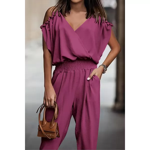 imagePRETTYGARDEN Jumpsuit for Women Casual Wrap V Neck Cold Shoulder One Piece Outfits Pants RomperPink Purple