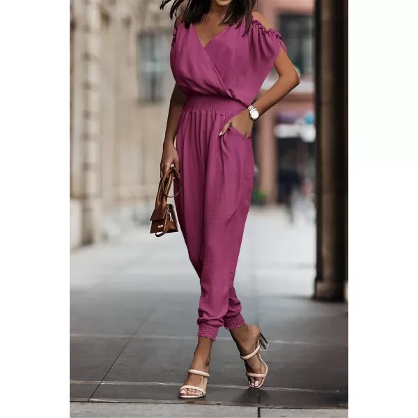 imagePRETTYGARDEN Jumpsuit for Women Casual Wrap V Neck Cold Shoulder One Piece Outfits Pants RomperPink Purple