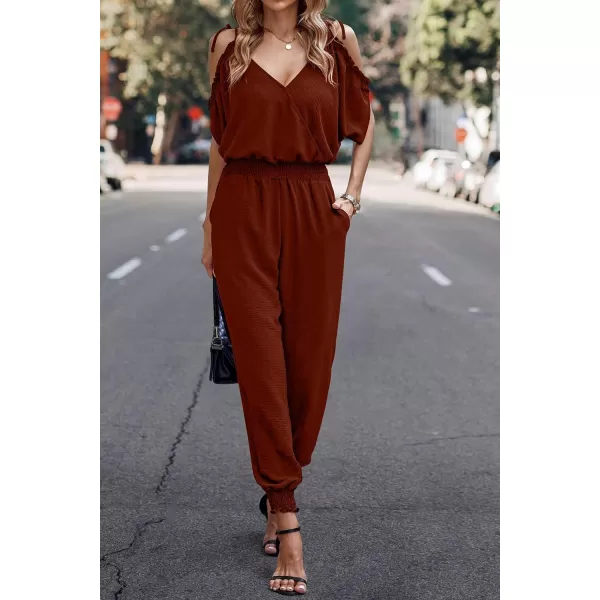 imagePRETTYGARDEN Jumpsuit for Women Casual Wrap V Neck Cold Shoulder One Piece Outfits Pants RomperRed Brown