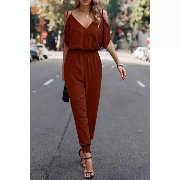imagePRETTYGARDEN Jumpsuit for Women Casual Wrap V Neck Cold Shoulder One Piece Outfits Pants RomperRed Brown
