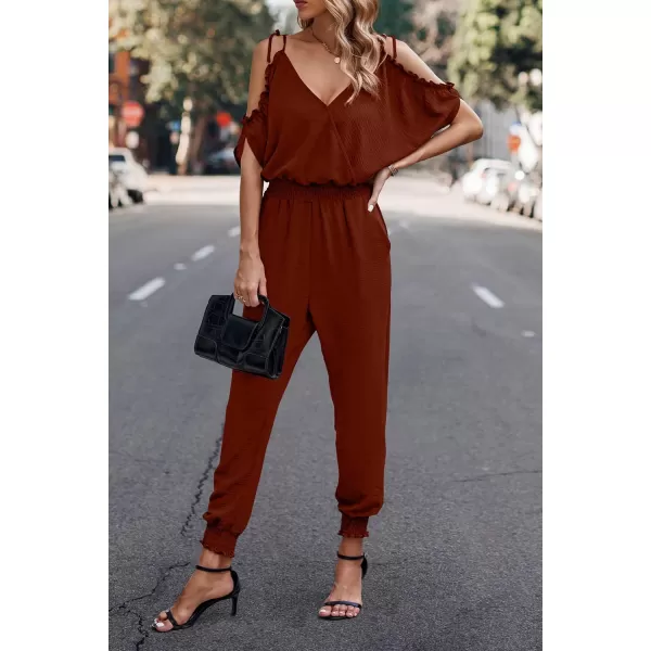 imagePRETTYGARDEN Jumpsuit for Women Casual Wrap V Neck Cold Shoulder One Piece Outfits Pants RomperRed Brown