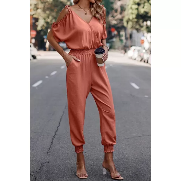 imagePRETTYGARDEN Jumpsuit for Women Casual Wrap V Neck Cold Shoulder One Piece Outfits Pants RomperWatermelon Red
