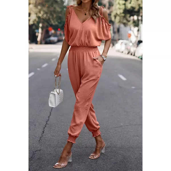 imagePRETTYGARDEN Jumpsuit for Women Casual Wrap V Neck Cold Shoulder One Piece Outfits Pants RomperWatermelon Red