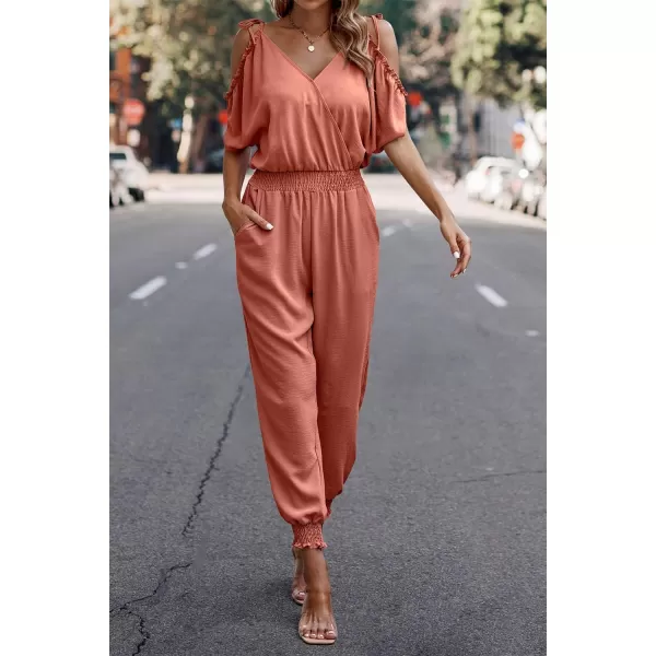 imagePRETTYGARDEN Jumpsuit for Women Casual Wrap V Neck Cold Shoulder One Piece Outfits Pants RomperWatermelon Red