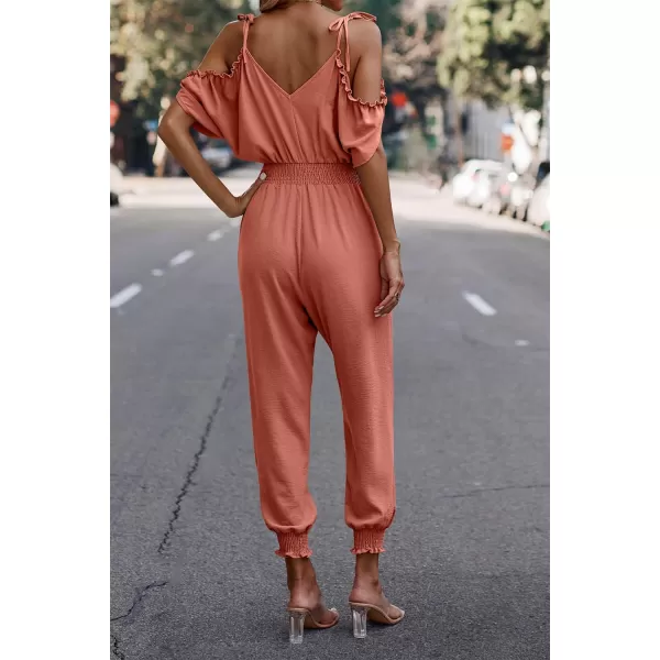 imagePRETTYGARDEN Jumpsuit for Women Casual Wrap V Neck Cold Shoulder One Piece Outfits Pants RomperWatermelon Red