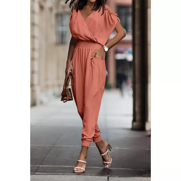 imagePRETTYGARDEN Jumpsuit for Women Casual Wrap V Neck Cold Shoulder One Piece Outfits Pants RomperWatermelon Red