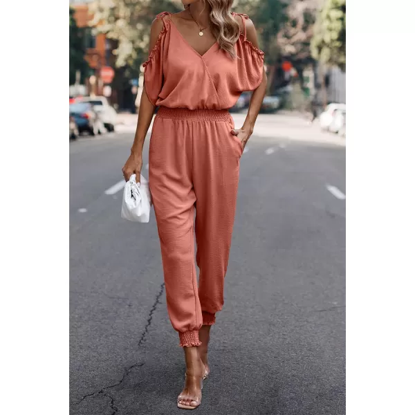 imagePRETTYGARDEN Jumpsuit for Women Casual Wrap V Neck Cold Shoulder One Piece Outfits Pants RomperWatermelon Red