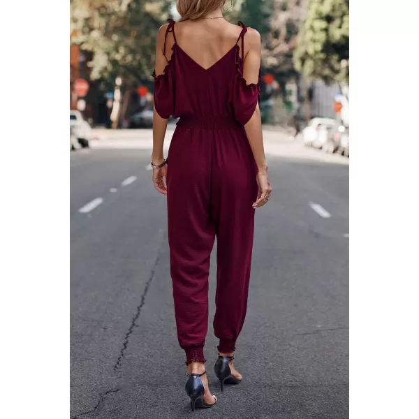 imagePRETTYGARDEN Jumpsuit for Women Casual Wrap V Neck Cold Shoulder One Piece Outfits Pants RomperWine Red