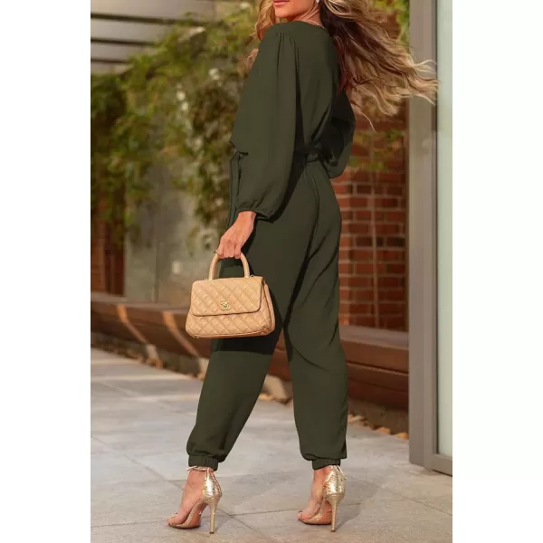 imagePRETTYGARDEN Womens 2024 Fall Jumpsuits Casual Dressy One Piece Outfits V Neck Long Sleeve Belt Pockets Long Pants RomperArmy Green