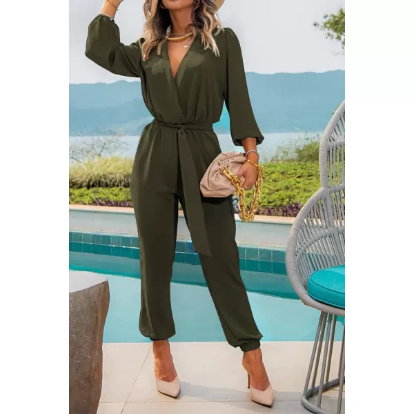 imagePRETTYGARDEN Womens 2024 Fall Jumpsuits Casual Dressy One Piece Outfits V Neck Long Sleeve Belt Pockets Long Pants RomperArmy Green