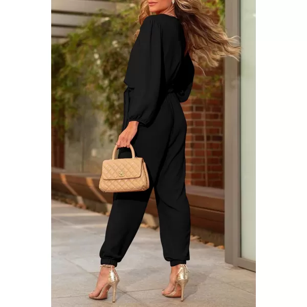 imagePRETTYGARDEN Womens 2024 Fall Jumpsuits Casual Dressy One Piece Outfits V Neck Long Sleeve Belt Pockets Long Pants RomperBlack