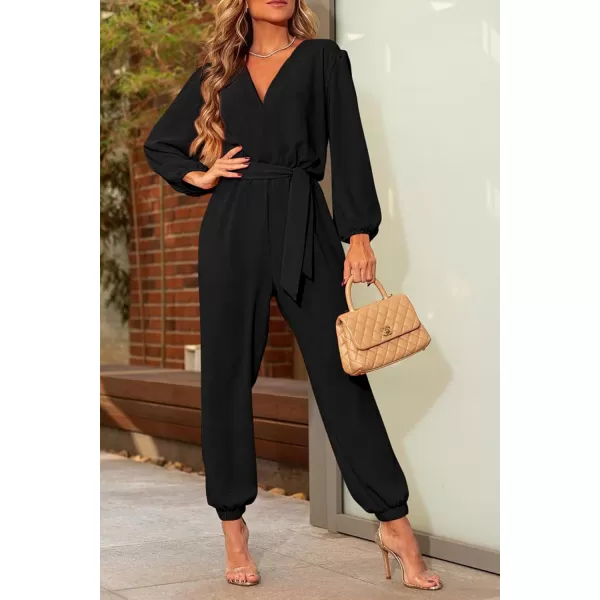 imagePRETTYGARDEN Womens 2024 Fall Jumpsuits Casual Dressy One Piece Outfits V Neck Long Sleeve Belt Pockets Long Pants RomperBlack