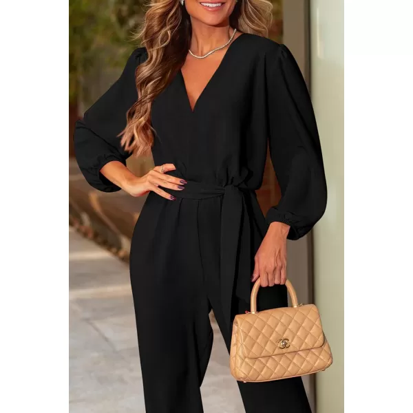 imagePRETTYGARDEN Womens 2024 Fall Jumpsuits Casual Dressy One Piece Outfits V Neck Long Sleeve Belt Pockets Long Pants RomperBlack