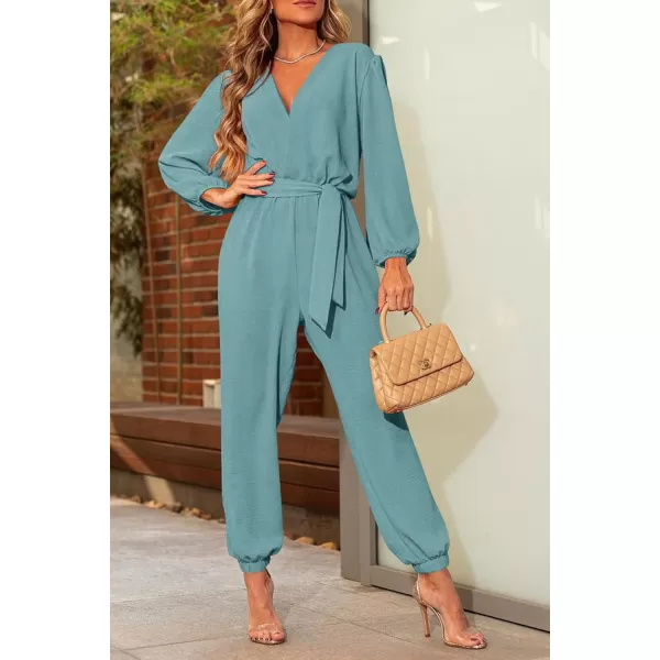 imagePRETTYGARDEN Womens 2024 Fall Jumpsuits Casual Dressy One Piece Outfits V Neck Long Sleeve Belt Pockets Long Pants RomperBlue Green