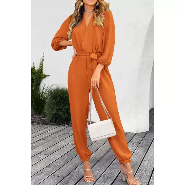 imagePRETTYGARDEN Womens 2024 Fall Jumpsuits Casual Dressy One Piece Outfits V Neck Long Sleeve Belt Pockets Long Pants RomperBrown Yellow