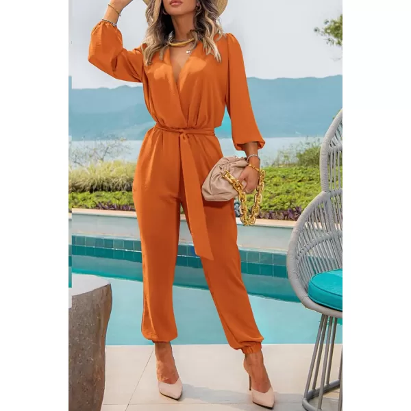 imagePRETTYGARDEN Womens 2024 Fall Jumpsuits Casual Dressy One Piece Outfits V Neck Long Sleeve Belt Pockets Long Pants RomperBrown Yellow