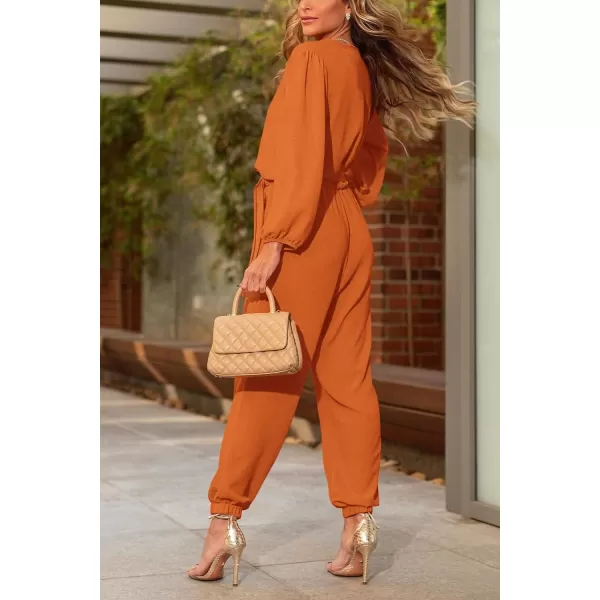 imagePRETTYGARDEN Womens 2024 Fall Jumpsuits Casual Dressy One Piece Outfits V Neck Long Sleeve Belt Pockets Long Pants RomperBrown Yellow