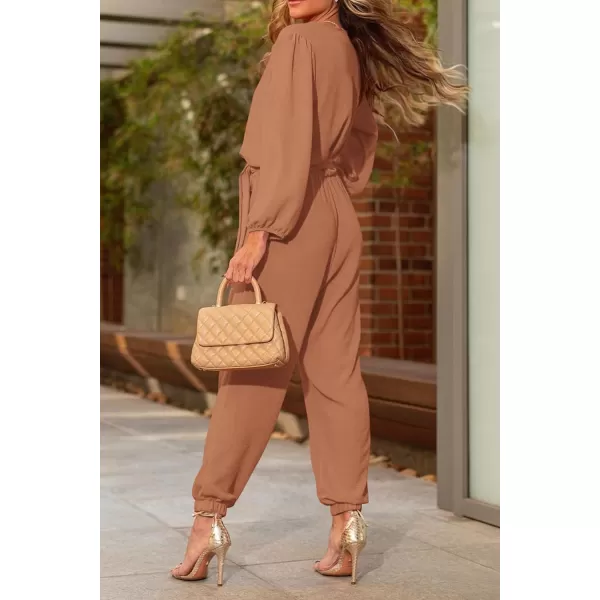 imagePRETTYGARDEN Womens 2024 Fall Jumpsuits Casual Dressy One Piece Outfits V Neck Long Sleeve Belt Pockets Long Pants RomperCamel