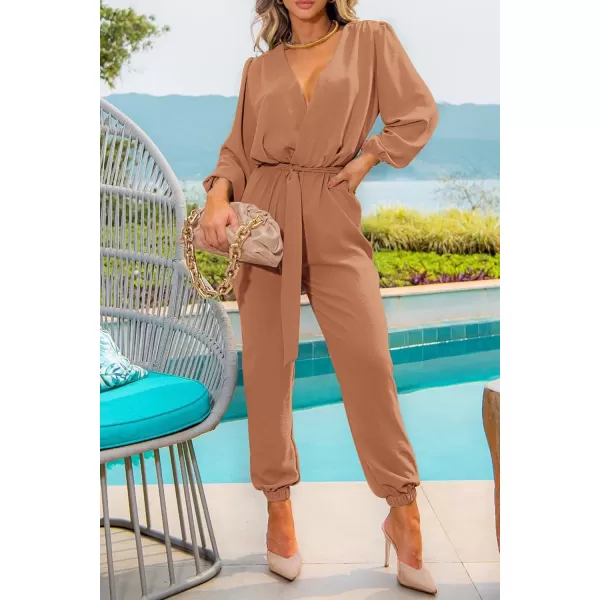 imagePRETTYGARDEN Womens 2024 Fall Jumpsuits Casual Dressy One Piece Outfits V Neck Long Sleeve Belt Pockets Long Pants RomperCamel