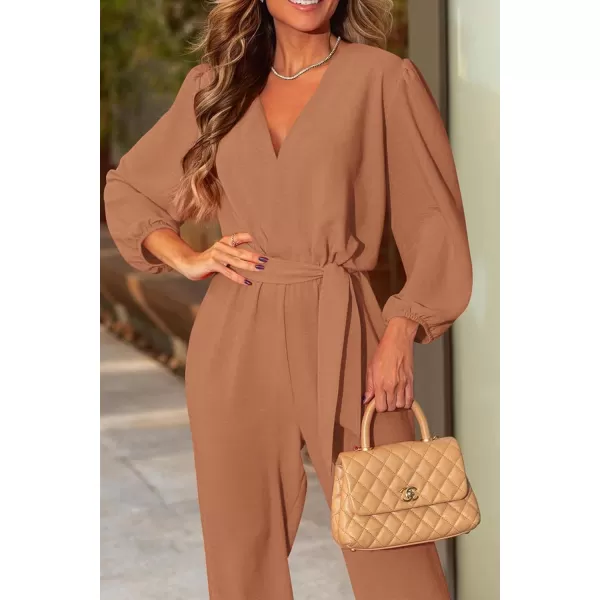 imagePRETTYGARDEN Womens 2024 Fall Jumpsuits Casual Dressy One Piece Outfits V Neck Long Sleeve Belt Pockets Long Pants RomperCamel