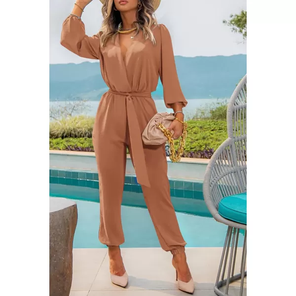 imagePRETTYGARDEN Womens 2024 Fall Jumpsuits Casual Dressy One Piece Outfits V Neck Long Sleeve Belt Pockets Long Pants RomperCamel
