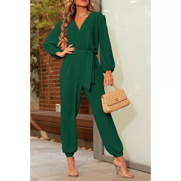 imagePRETTYGARDEN Womens 2024 Fall Jumpsuits Casual Dressy One Piece Outfits V Neck Long Sleeve Belt Pockets Long Pants RomperDark Green