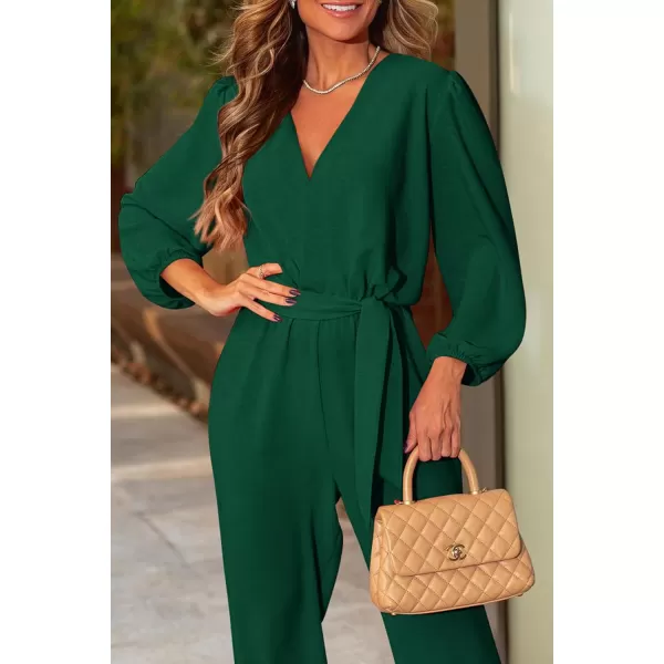 imagePRETTYGARDEN Womens 2024 Fall Jumpsuits Casual Dressy One Piece Outfits V Neck Long Sleeve Belt Pockets Long Pants RomperDark Green