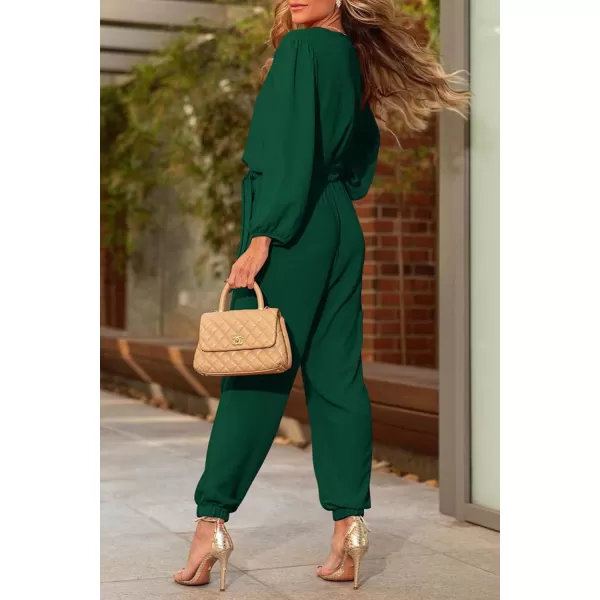 imagePRETTYGARDEN Womens 2024 Fall Jumpsuits Casual Dressy One Piece Outfits V Neck Long Sleeve Belt Pockets Long Pants RomperDark Green