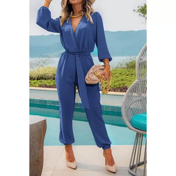 imagePRETTYGARDEN Womens 2024 Fall Jumpsuits Casual Dressy One Piece Outfits V Neck Long Sleeve Belt Pockets Long Pants RomperDenim Blue
