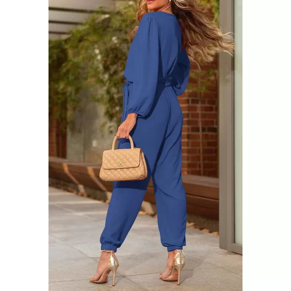 imagePRETTYGARDEN Womens 2024 Fall Jumpsuits Casual Dressy One Piece Outfits V Neck Long Sleeve Belt Pockets Long Pants RomperDenim Blue
