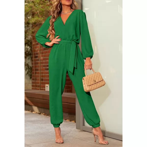 imagePRETTYGARDEN Womens 2024 Fall Jumpsuits Casual Dressy One Piece Outfits V Neck Long Sleeve Belt Pockets Long Pants RomperGreen