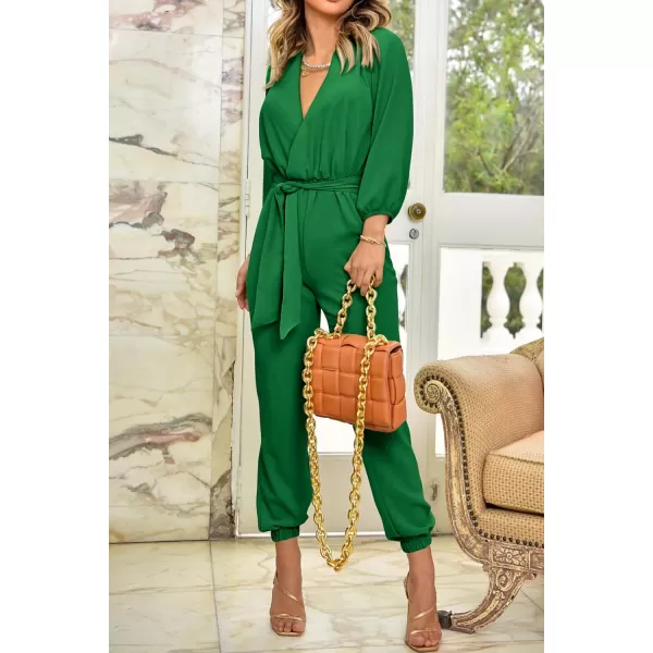 imagePRETTYGARDEN Womens 2024 Fall Jumpsuits Casual Dressy One Piece Outfits V Neck Long Sleeve Belt Pockets Long Pants RomperGreen