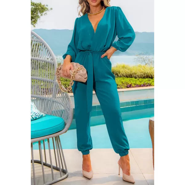 imagePRETTYGARDEN Womens 2024 Fall Jumpsuits Casual Dressy One Piece Outfits V Neck Long Sleeve Belt Pockets Long Pants RomperLake Blue