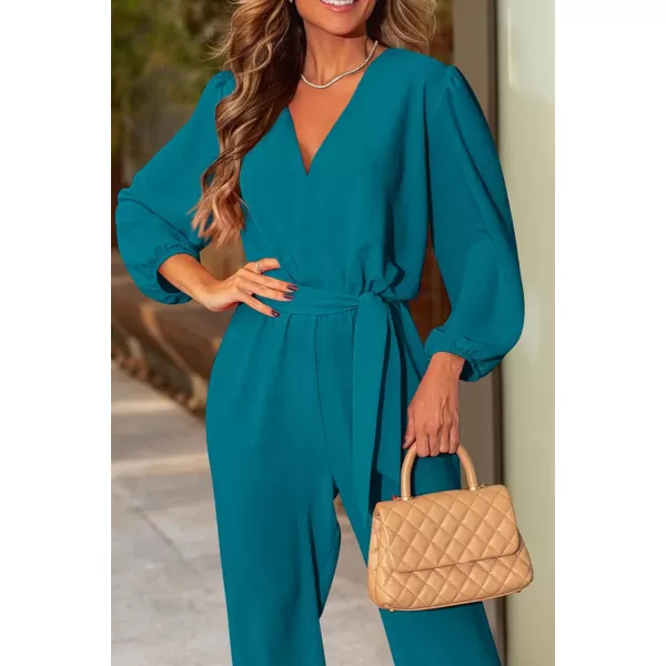 imagePRETTYGARDEN Womens 2024 Fall Jumpsuits Casual Dressy One Piece Outfits V Neck Long Sleeve Belt Pockets Long Pants RomperLake Blue