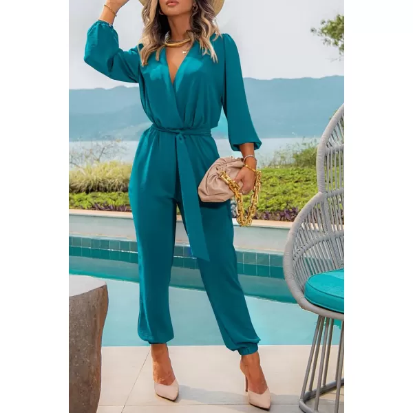 imagePRETTYGARDEN Womens 2024 Fall Jumpsuits Casual Dressy One Piece Outfits V Neck Long Sleeve Belt Pockets Long Pants RomperLake Blue